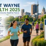 People jogging and walking on a scenic park path by the river with the city skyline, featuring Fort Wayne Health 2025 community wellness text.
