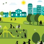 Vector illustration of a green city park filled with active people, families playing, and a school, promoting Fort Wayne Health initiatives.