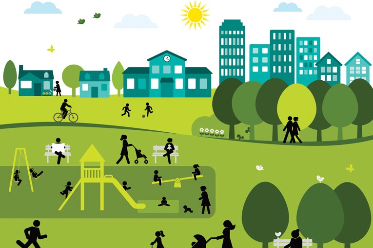 Vector illustration of a green city park filled with active people, families playing, and a school, promoting Fort Wayne Health initiatives.