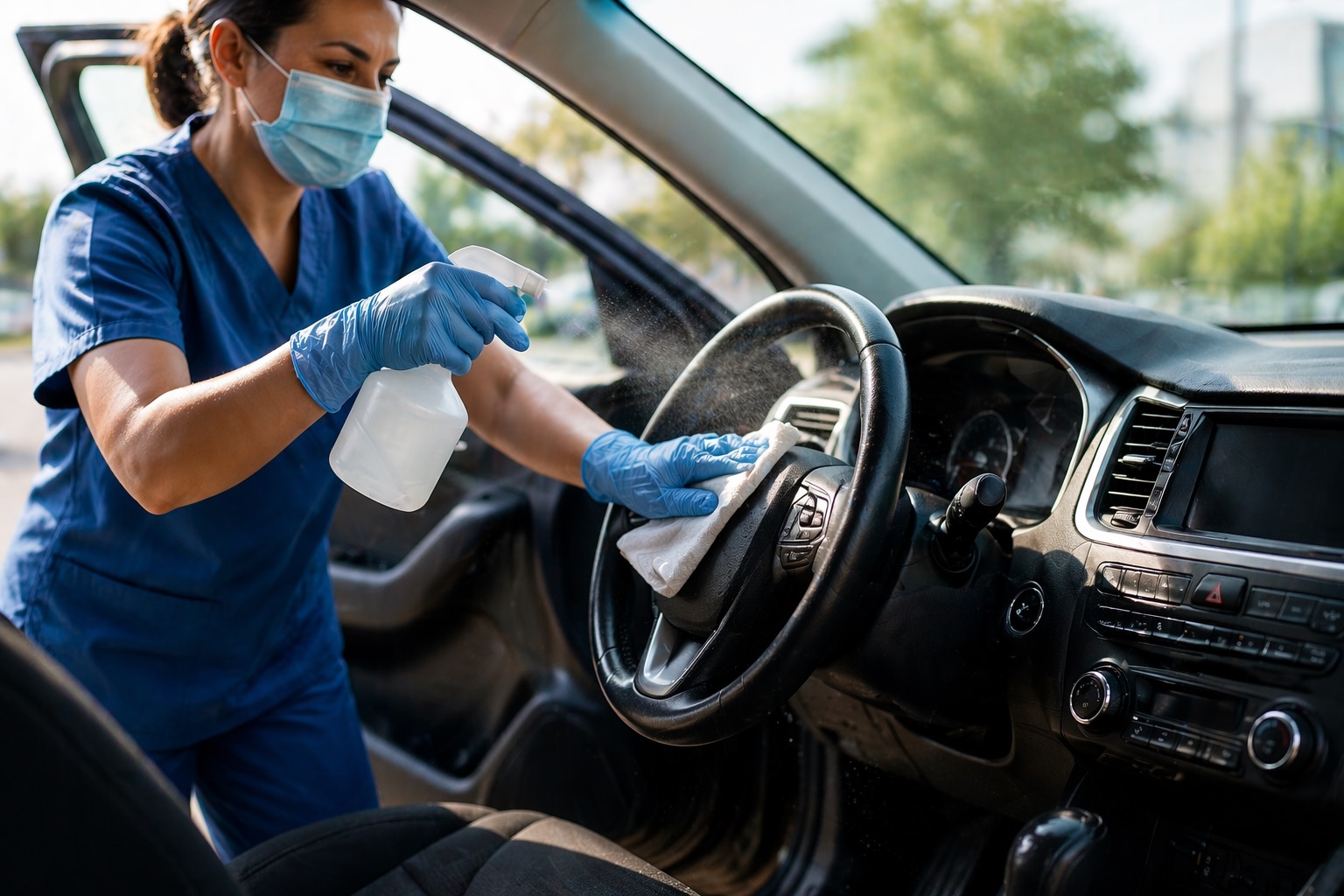 A healthcare worker in scrubs watches as a person in a full hazmat suit performs Free Vehicle Disinfecting, spraying and wiping down the interior steering wheel.