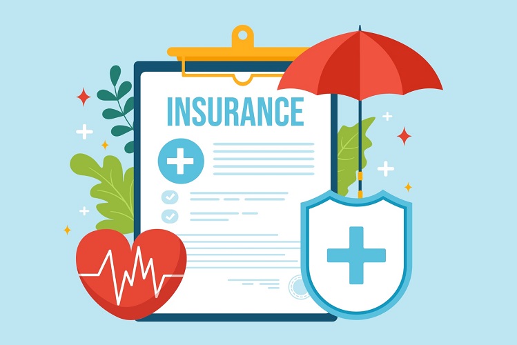 An insurance clipboard paired with a red protective umbrella, medical shield, and heartbeat icon, courtesy of Health Insurance Shop Inc.
