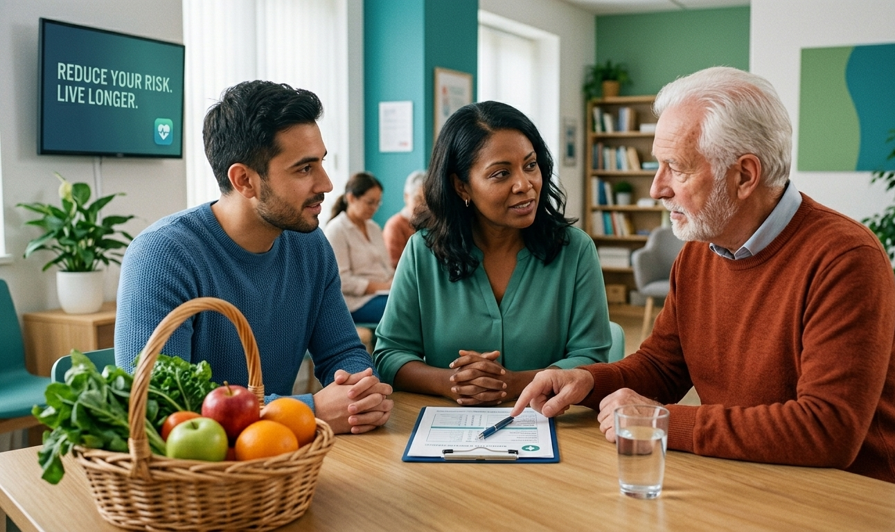 Community health consultation focused on preventing Top Causes of Death, featuring healthcare guidance, healthy food choices, and wellness education for adults and seniors.