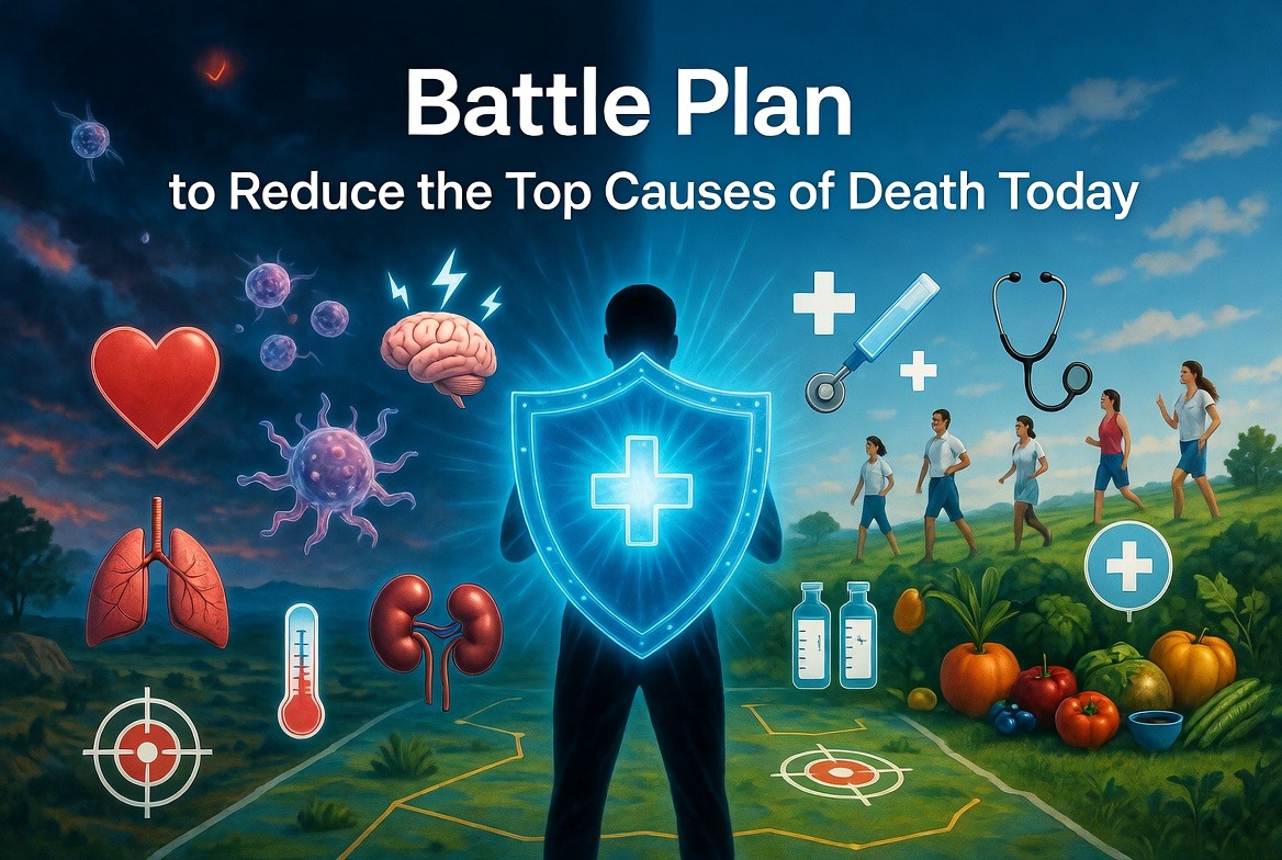 Graphic showing a shielded figure choosing lifestyle habits like running and eating vegetables over chronic illnesses to stop the top causes of death.