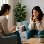 A therapist providing support during a counseling session with a person experiencing anxiety, representing mental health care and dual diagnosis recovery support.