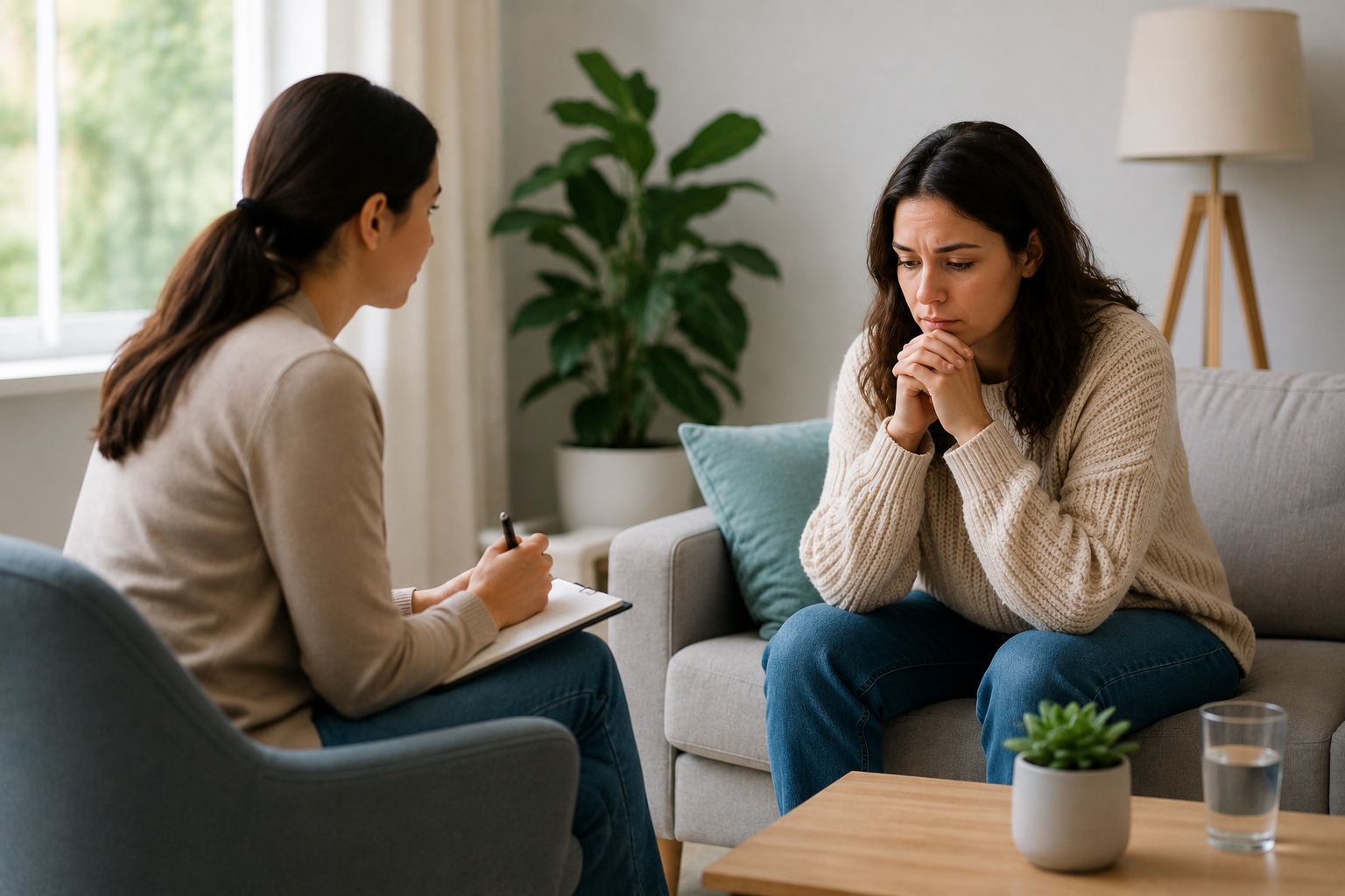 A therapist providing support during a counseling session with a person experiencing anxiety, representing mental health care and dual diagnosis recovery support.
