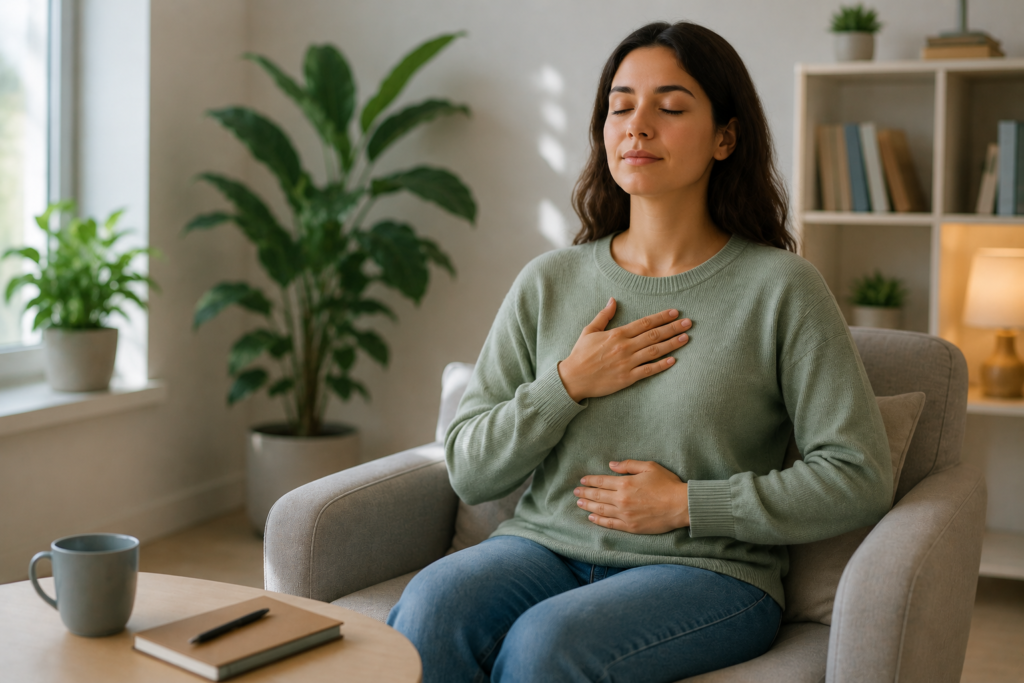 A woman practicing relaxation and mindfulness in a peaceful home setting, showing emotional wellness and healthy coping strategies for recovery.