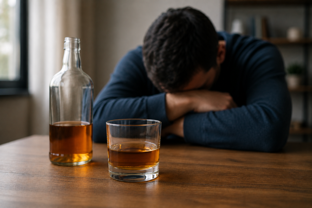 A person sitting sadly near a bottle and glass of alcohol, showing the emotional impact of excessive drinking and alcohol addiction challenges.