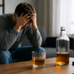 A distressed person sitting on a couch with alcohol nearby, representing unhealthy drinking patterns and the need for addiction recovery support.