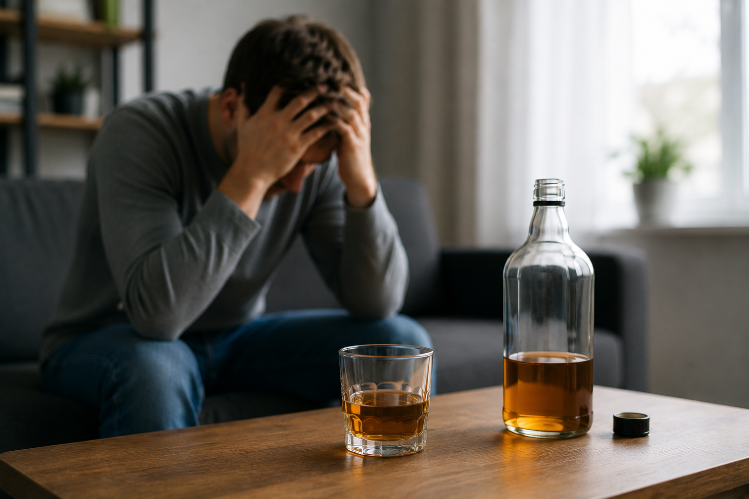 A distressed person sitting on a couch with alcohol nearby, representing unhealthy drinking patterns and the need for addiction recovery support.