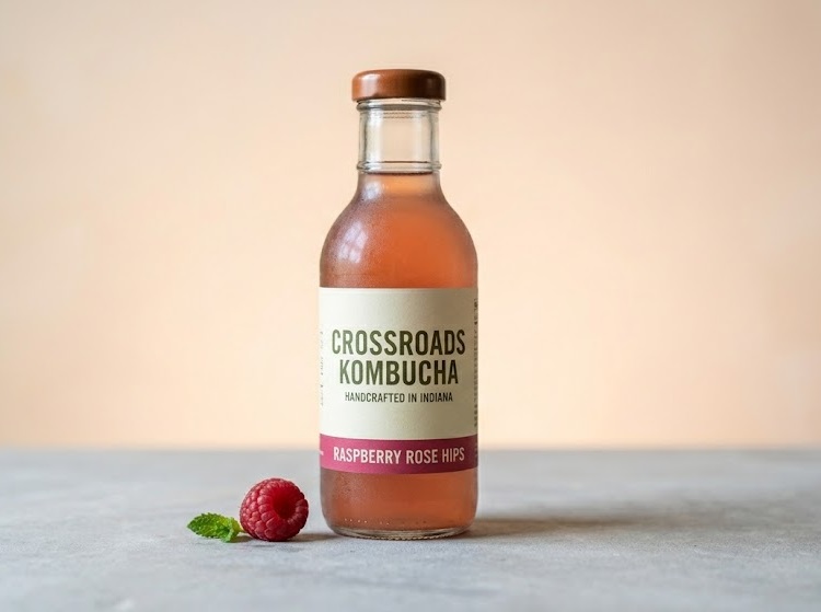 A minimalist product shot of a single bottle of Crossroads Kombucha Raspberry Rose Hips flavor centered on a smooth concrete surface. A single fresh raspberry and a small mint leaf rest on the surface next to the base of the bottle against a neutral, warm background.