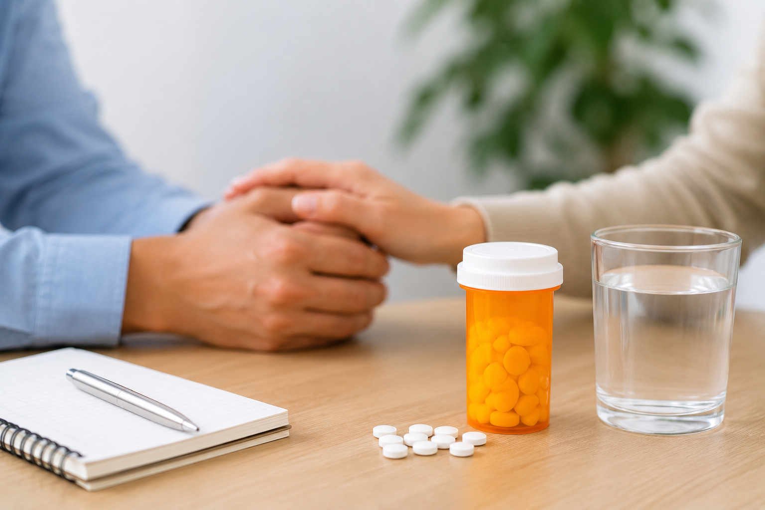 Prescription medication, water glass, notebook, and supportive hands on a table symbolizing medical care, recovery support, and opioid treatment assistance.