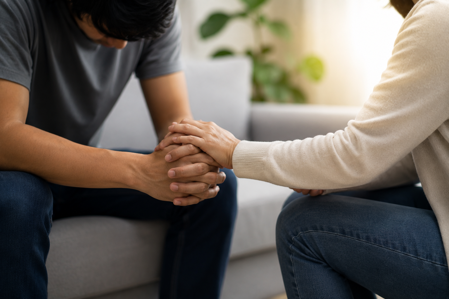 Supportive conversation between two people in a calm home setting, showing emotional support and care during an addiction recovery journey.