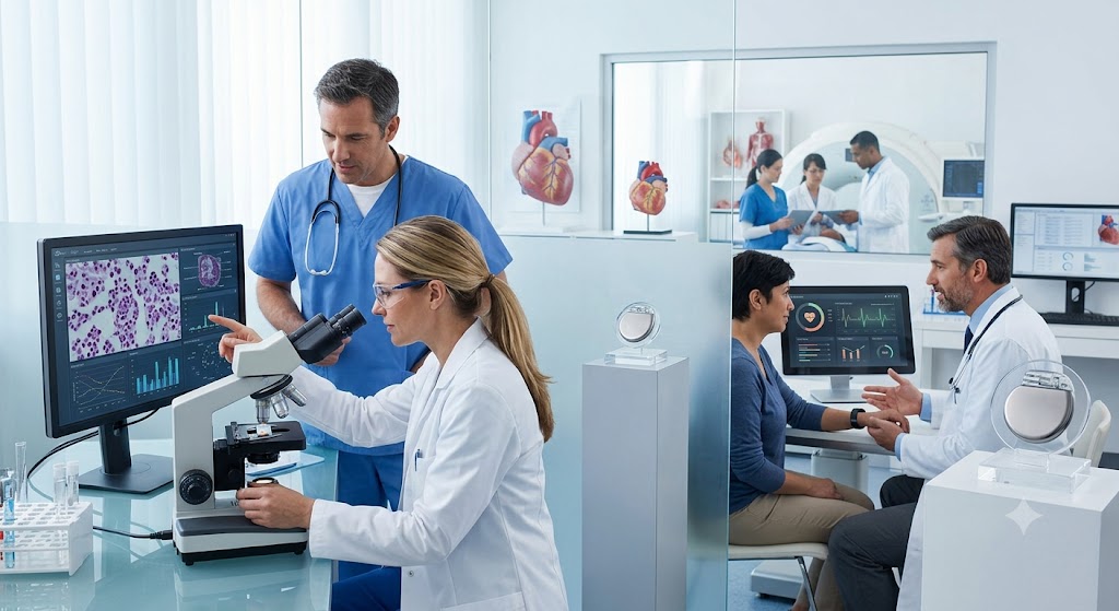 A split-view scene inside a bright, modern medical facility. On the left, a female scientist in a white lab coat looks through a microscope while a male doctor in blue scrubs stands beside her, pointing toward a computer monitor showing cell structures. On the right, a doctor in a white coat consults with a patient in a clinic setting, referencing a heart monitor display. Innovative heart pacemakers on stands are displayed nearby, and anatomical models are visible in the background.