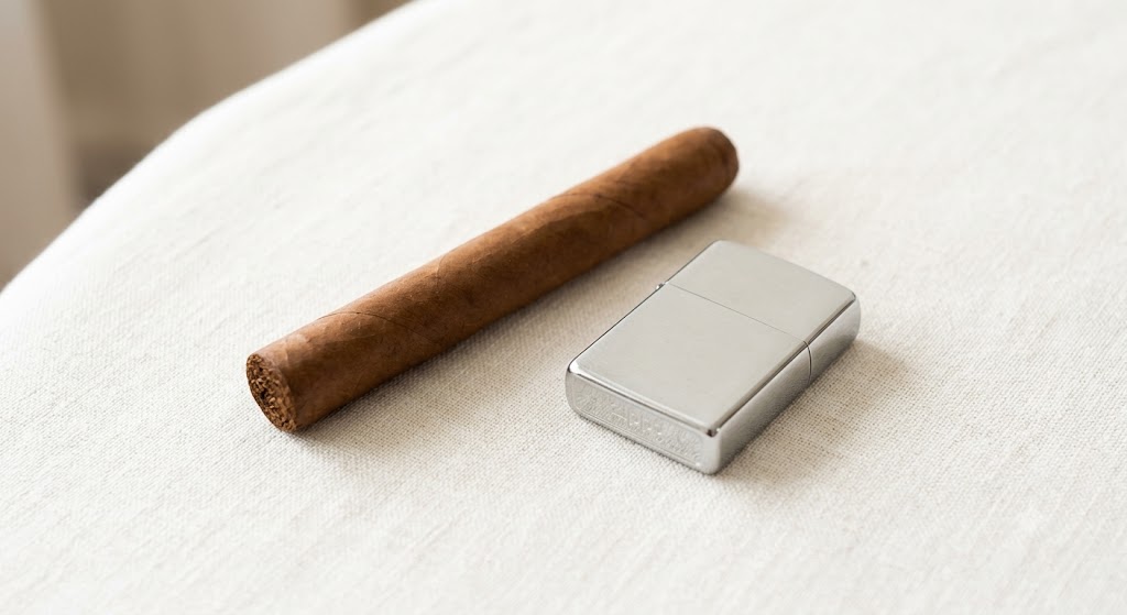 A close-up shot of a single premium cigar with a rich brown wrapper, resting diagonally on top of a dark, polished wooden humidor box.