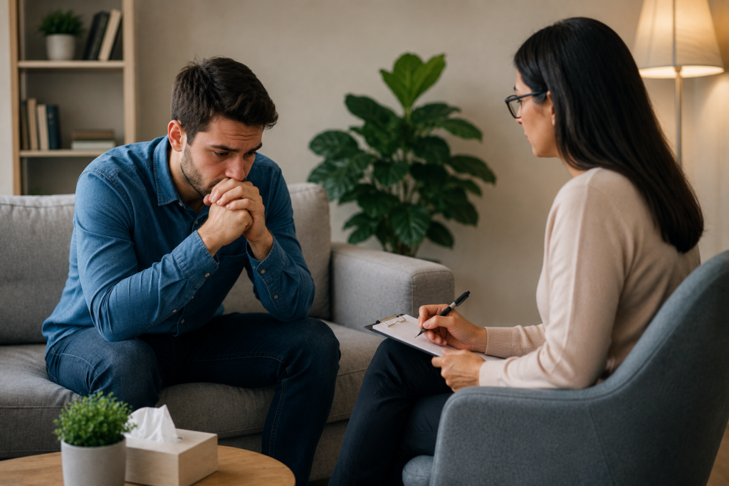 Person speaking with a counselor during a session at a substance abuse treatment center in a calm and supportive therapy environment.
