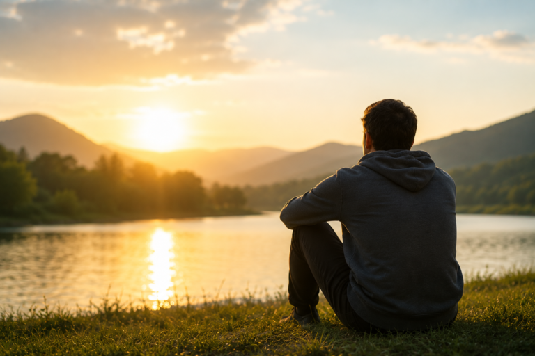 Person sitting beside a calm lake during sunset, representing addiction recovery, self-reflection, emotional healing, and the journey toward lasting sobriety.