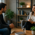 Therapist counseling a patient during an addiction treatment plan session in a calm and supportive environment.