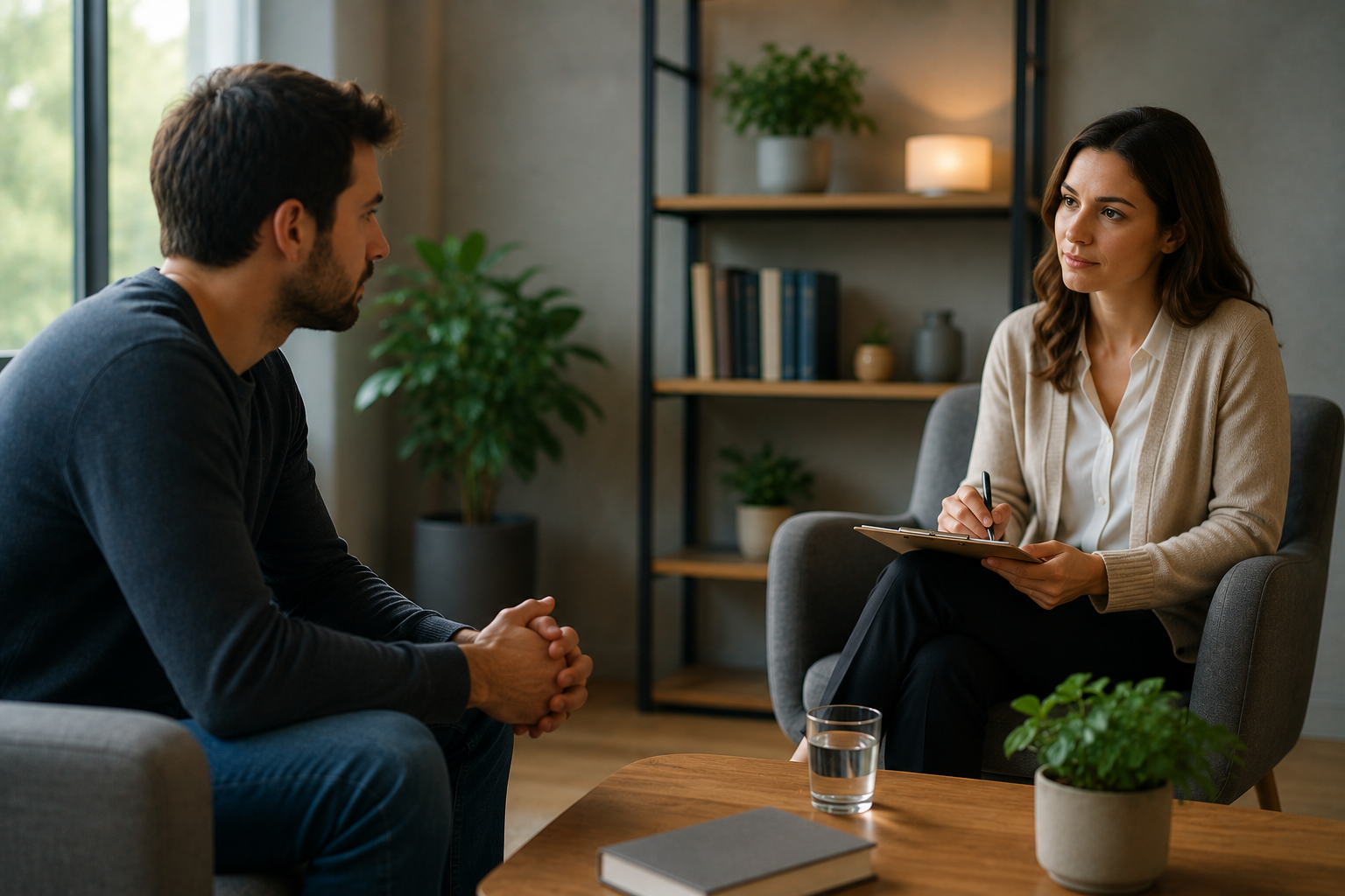 Therapist counseling a patient during an addiction treatment plan session in a calm and supportive environment.