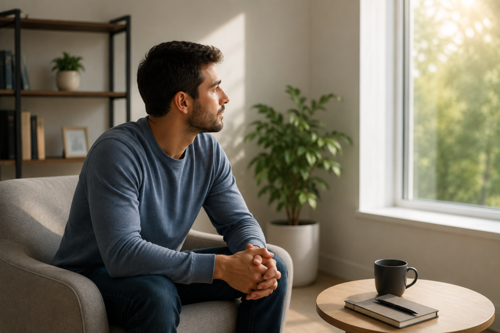 Person reflecting in a peaceful room, representing addiction treatment plan, emotional healing, and recovery journey.
