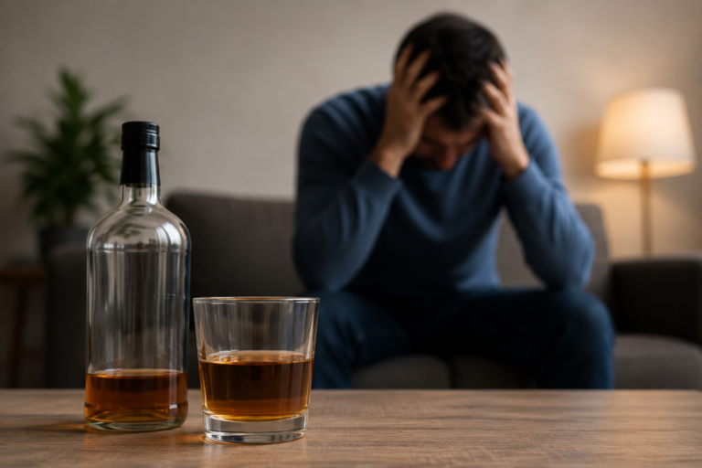 Distressed man sitting with his head in his hands beside a bottle and glass of alcohol, representing common alcohol addiction signs and emotional struggles with alcohol dependence.