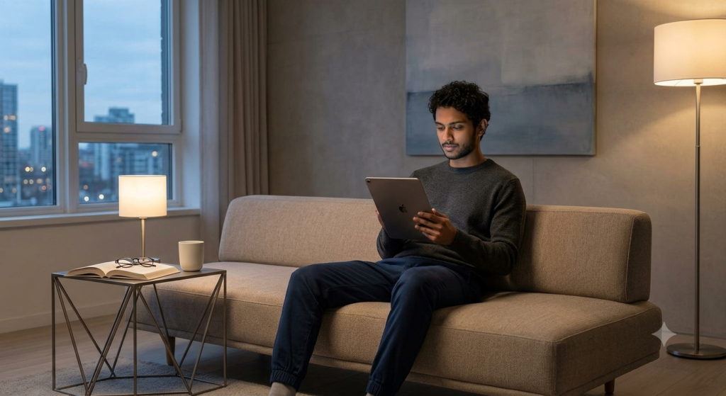 Man sitting alone on a modern living room sofa holding a tablet late in the evening with soft ambient lighting.