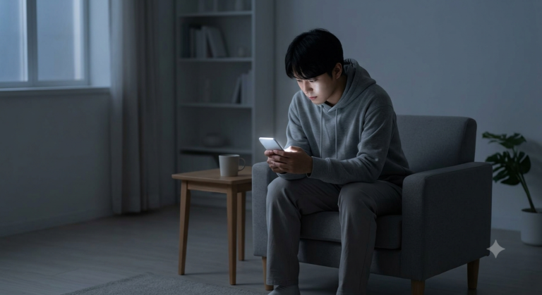 Young person sitting in a dimly lit living room focusing intently on a glowing smartphone screen at night.