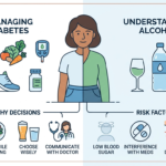 A vertically split infographic. The left side, titled "MANAGING DIABETES" on a light blue background, shows icons for a healthy diet, running shoes, blood glucose meter, and medicine. The right side, titled "UNDERSTANDING ALCOHOL" on a light green background, shows a wine glass, water bottle, and a liver diagram. Below the split, two columns are linked: "HEALTHY DECISIONS" (monitor sugar, eat while drinking, choose wisely, communicate) and "RISK FACTORS" (low blood sugar, med interference, nerve damage, increased risks).