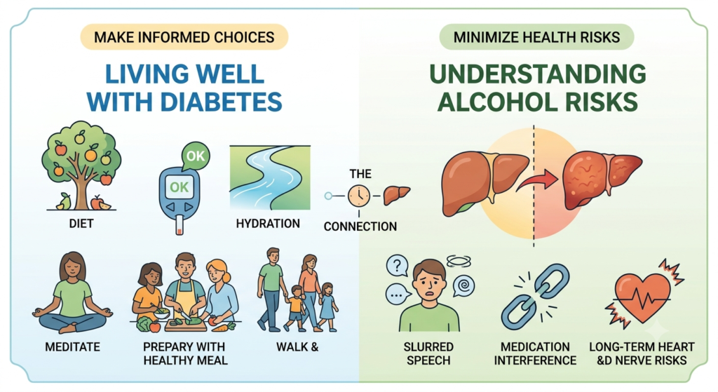 A boxed infographic with a decorative border. The left side, under a beige banner "MAKE INFORMED CHOICES," is titled "LIVING WELL WITH DIABETES." It features illustrations of a fruit tree (Diet), a water river (Hydration), a person meditating, people cooking, and a family walking. The right side, under a green banner "MINIMIZE HEALTH RISKS," is titled "UNDERSTANDING ALCOHOL RISKS." It features diagrams comparing a healthy liver to a damaged liver, a confused person, medication interference symbols, and a jagged heart icon.