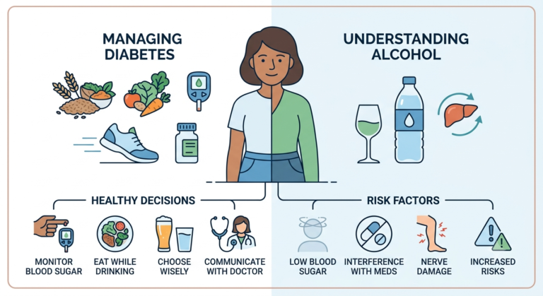 A vertically split infographic. The left side, titled "MANAGING DIABETES" on a light blue background, shows icons for a healthy diet, running shoes, blood glucose meter, and medicine. The right side, titled "UNDERSTANDING ALCOHOL" on a light green background, shows a wine glass, water bottle, and a liver diagram. Below the split, two columns are linked: "HEALTHY DECISIONS" (monitor sugar, eat while drinking, choose wisely, communicate) and "RISK FACTORS" (low blood sugar, med interference, nerve damage, increased risks).