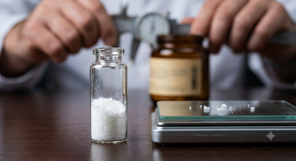 A close-up photograph focusing on two small glass vials containing white crystalline powder, sitting on a dark wooden surface with a small digital scale in the foreground and a person's blurred hands and a brown bottle in the background.