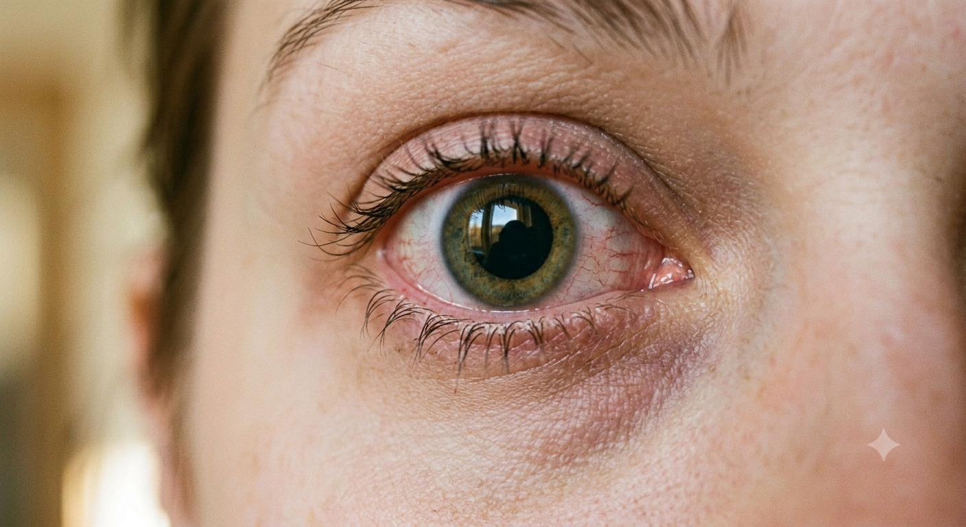 A close-up photograph of a person's eye, showing extreme dilation of the pupil which nearly fills the iris. The white of the eye is severely bloodshot with visible red veins, set against a blurred, dark urban background.