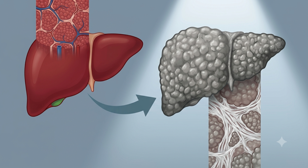 Comparison of a healthy, smooth red liver with a gray, severely scarred and nodular cirrhotic liver, highlighting internal tissue changes.