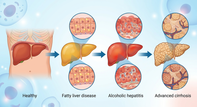 Medical diagram showing stages of liver damage from healthy to fatty liver, alcoholic hepatitis, and advanced cirrhosis with cellular close-ups.