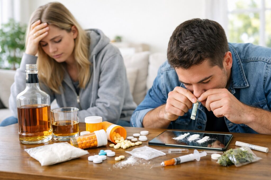 A distressed woman and a man struggling with substance use, surrounded by alcohol, pills, and drug paraphernalia at home.