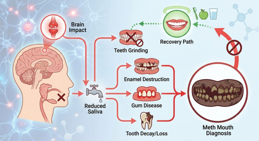 A biological infographic showing how methamphetamine impacts the brain and reduces saliva, leading to teeth grinding, enamel destruction, gum disease, tooth decay, and the recovery pathway.