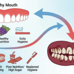 A medical diagram illustrating the transition from a healthy mouth to "meth mouth," highlighting contributing factors like dry mouth, teeth grinding, poor nutrition, and neglected hygiene.