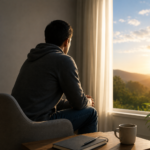 Calm person sitting near a window with peaceful scenery representing emotional healing, recovery, and mental wellness support