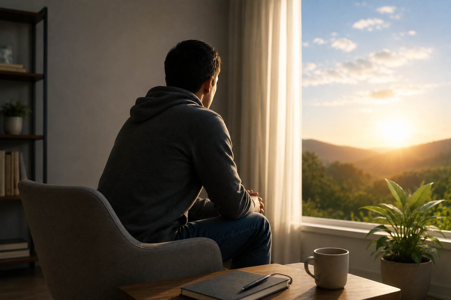 Calm person sitting near a window with peaceful scenery representing emotional healing, recovery, and mental wellness support