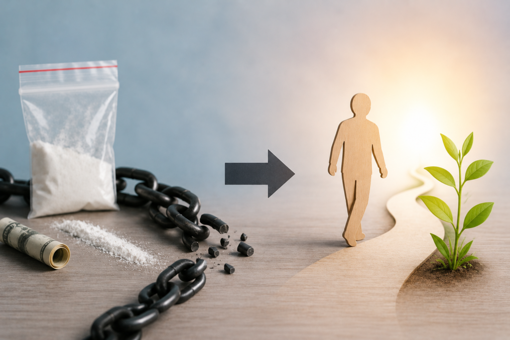 Addiction recovery concept with broken chain, substance abuse symbol, and person moving toward a healthier future