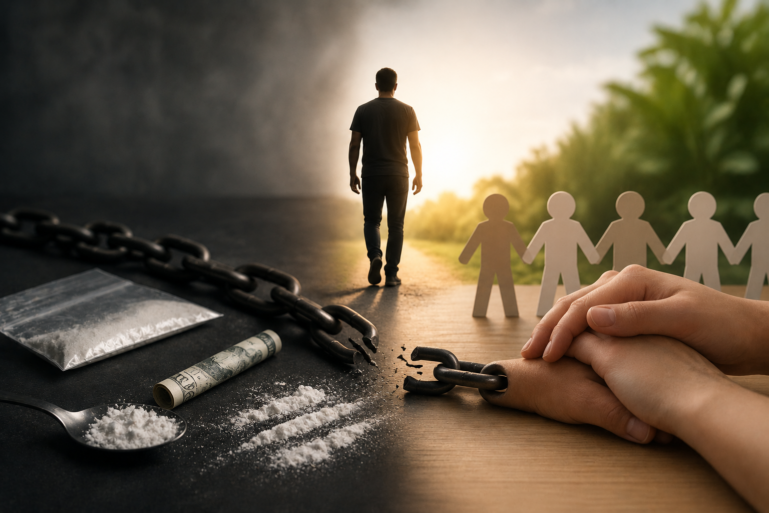 Cocaine addiction awareness image showing struggle and recovery journey from substance use to hope and support