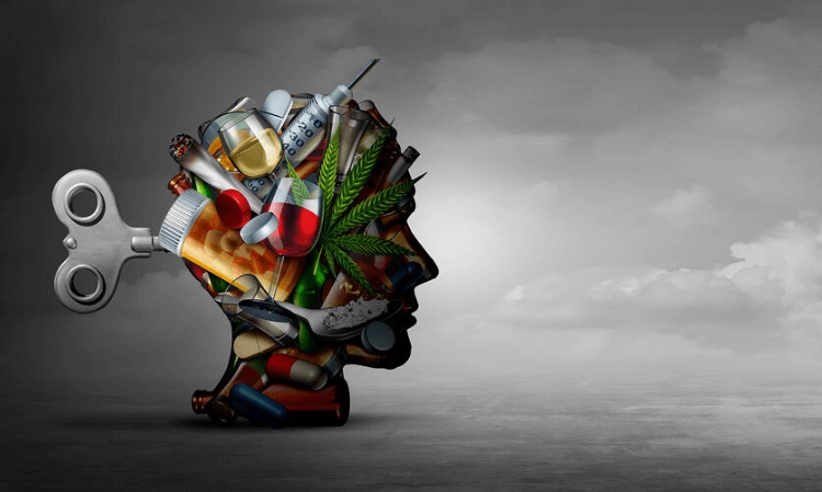 Conceptual head silhouette filled with substances and a wind-up key, showing how addiction is a medical condition driven by brain changes.