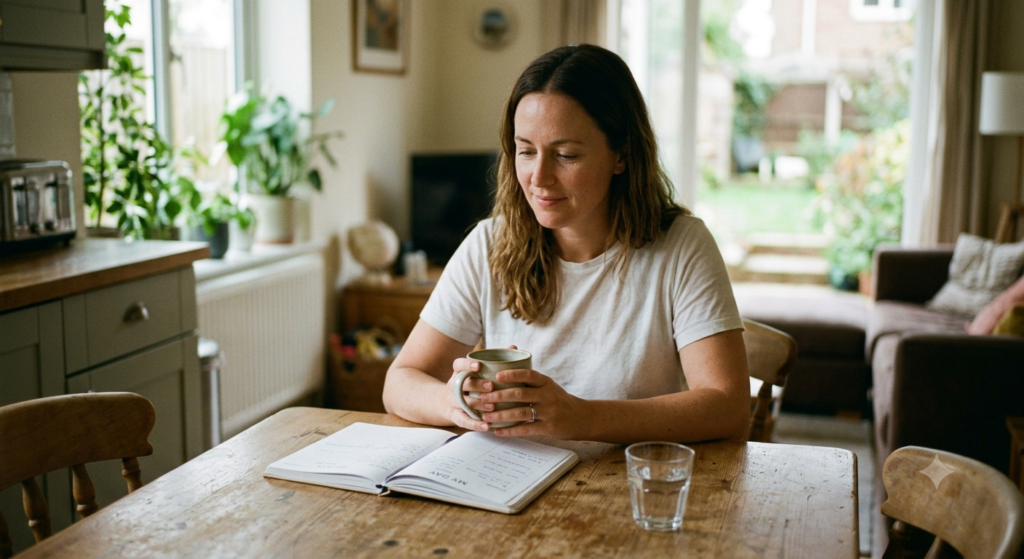 A woman finds stability with a daily routine in addiction recovery, reviewing her plan over a warm drink and a clear glass of water.