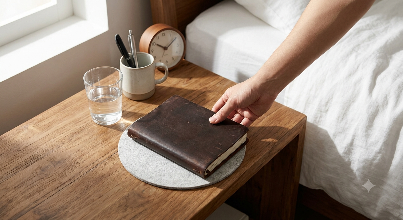 A person integrates healthy habits for a routine in addiction recovery by placing a journal on their bedside table each day.