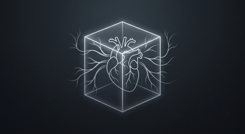 A glowing line-art depiction of a human heart enclosed in a glass cube with branching vessels, representing acute cocaine heart risks.