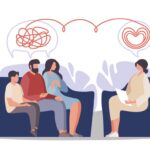 Family in therapy with thought bubbles showing untangling thoughts, representing family mental health & addiction treatment.