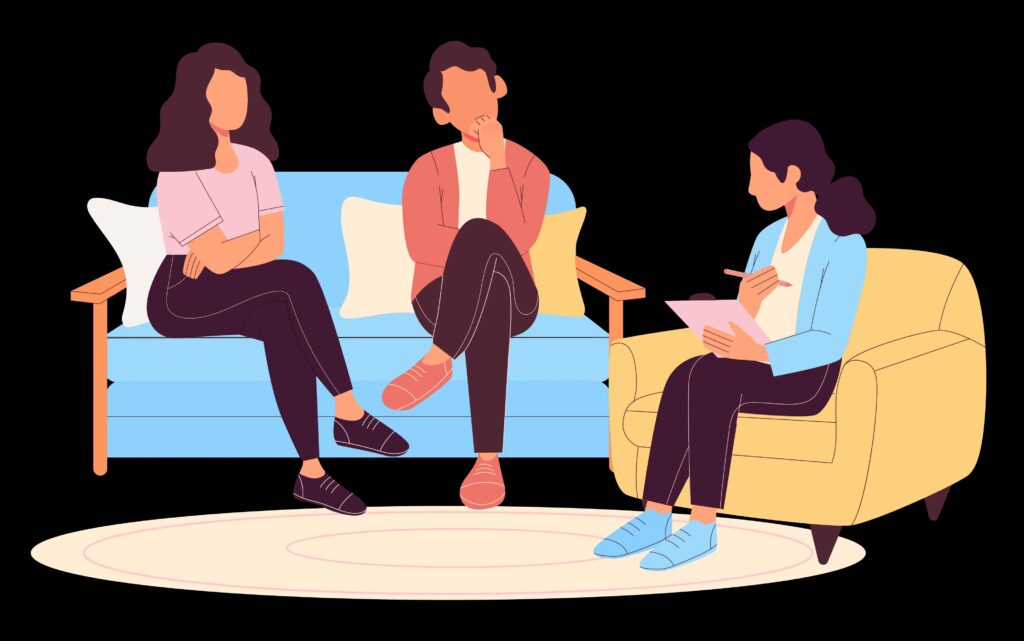 Vector illustration of a couple on a couch in a therapy session for family mental health & addiction treatment.