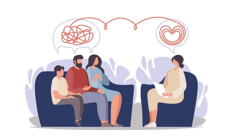 Family in therapy with thought bubbles showing untangling thoughts, representing family mental health & addiction treatment.
