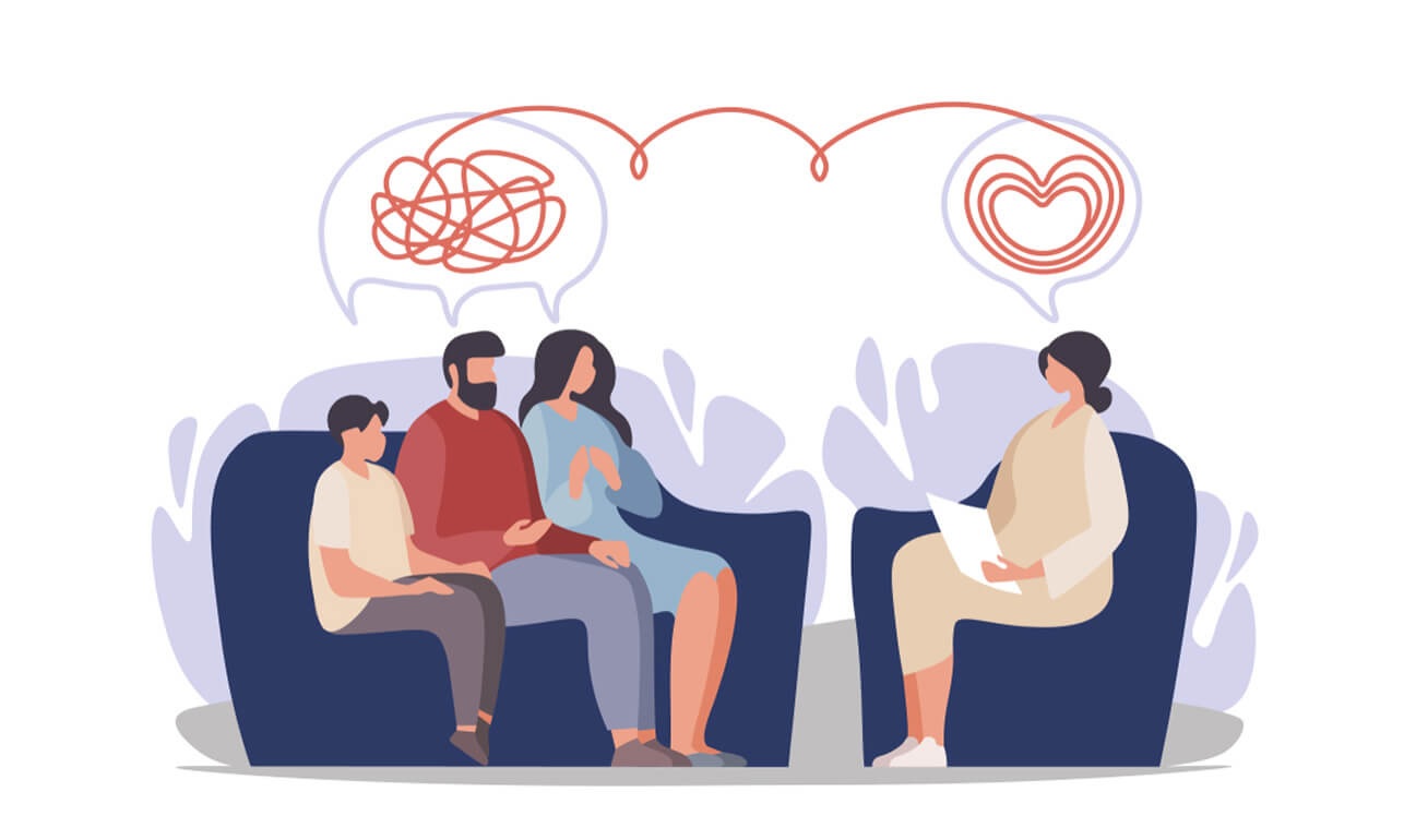Family in therapy with thought bubbles showing untangling thoughts, representing family mental health & addiction treatment.