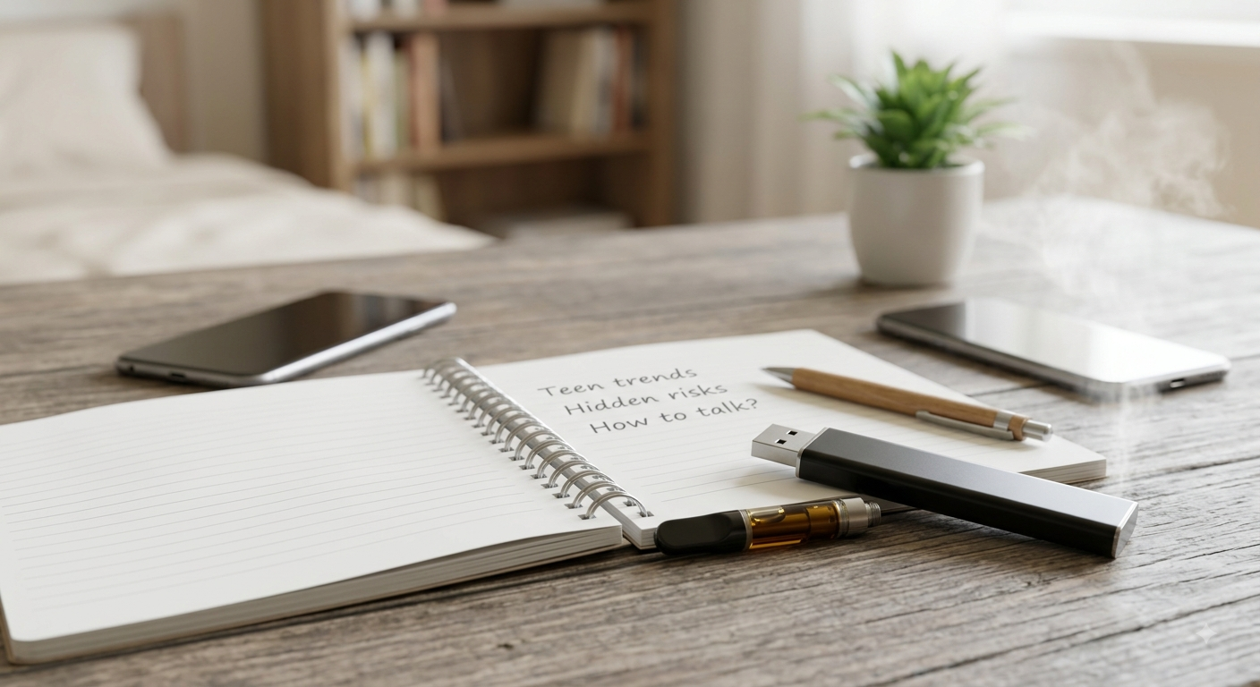 An open spiral notebook on a wooden desk alongside two smartphones, a pen, a plant, and a cannabis vaping pen that looks like a USB drive.