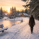 A peaceful individual walks along a snow-covered path at sunset, representing personal peace and holiday sobriety.